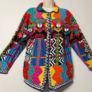 Colorful Vintage Southwestern Aztec Knit Cardigan with Metal Buttons.Heavyweight
